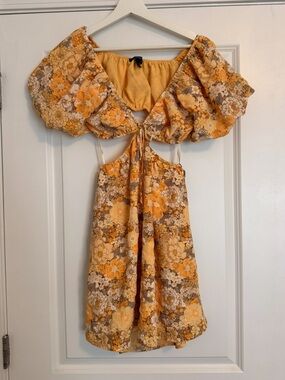 Forever 21 Orange Floral Puff Sleeve Cutout Dress Small